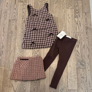 Zara Girls Pink & Brown Tweed Jumper Set with Ribbed Leggings